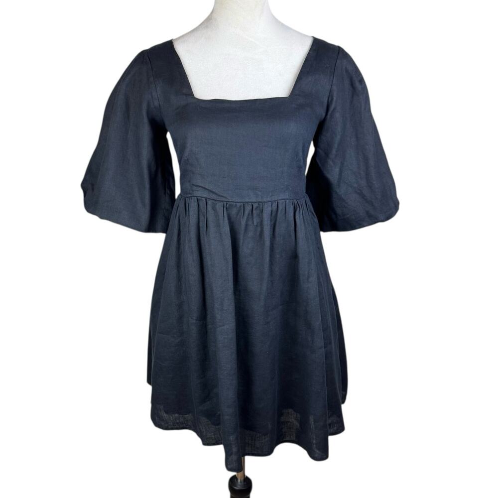 Seafolly Black 100% Linen Low Back Puff Short Sleeve Lined Babydoll Dress Pocket